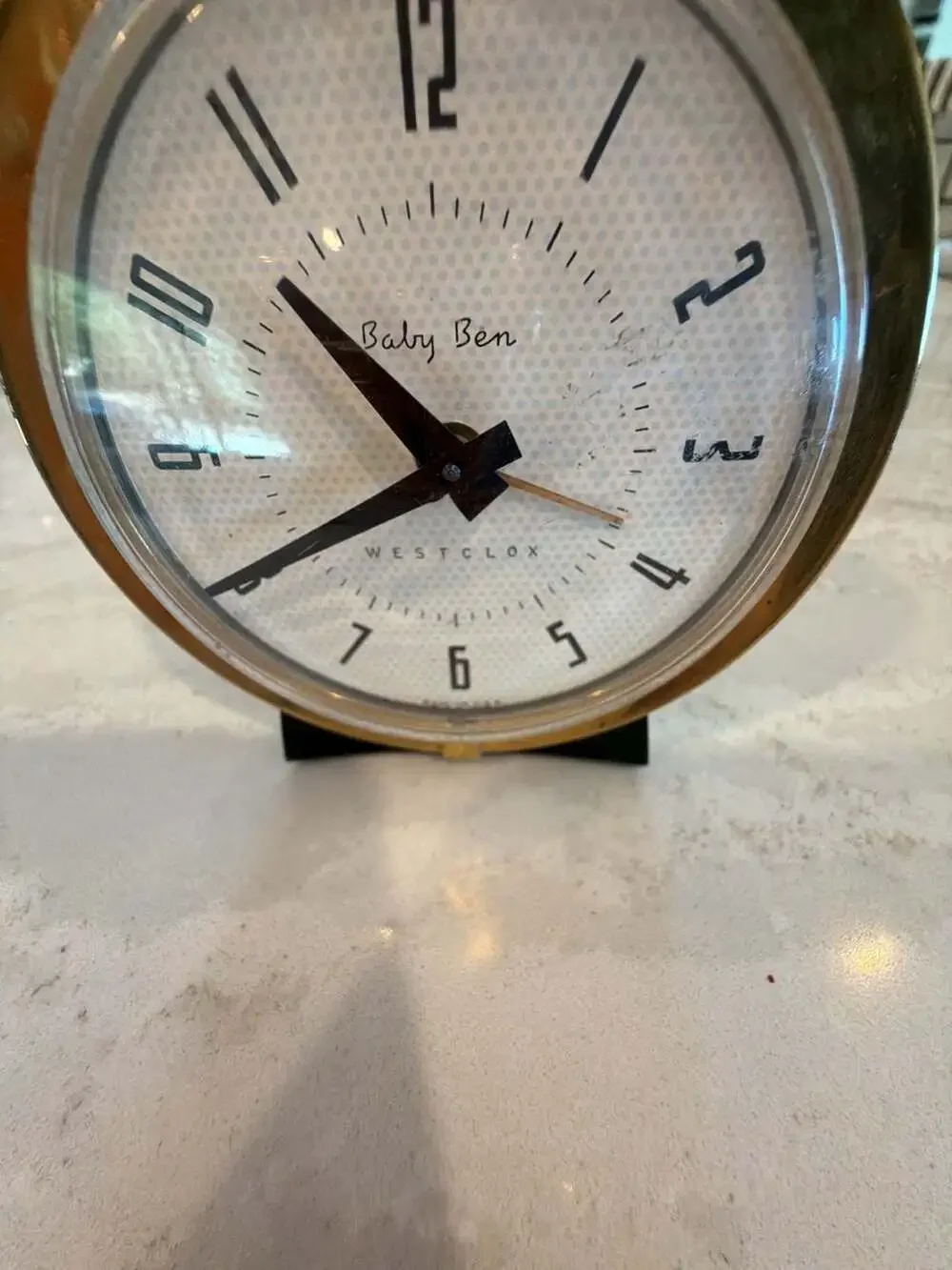 Vintage Westclox Baby Ben Wind-Up Alarm Clock with White Face and Gold-Tone Beze